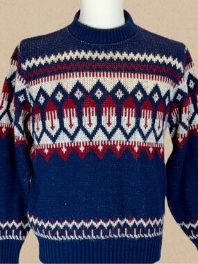 VINTAGE fair isle ski lodge knit sweater mens Nordic alpine 70s 80s navy blue